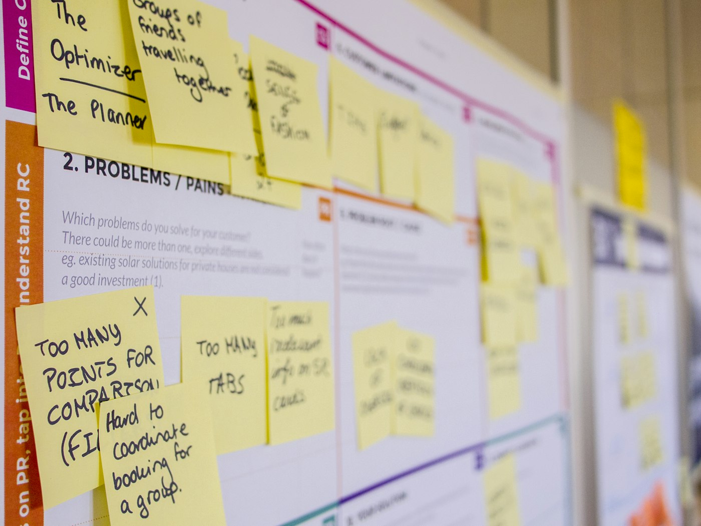 Planning wall of sticky notes grouped by stage